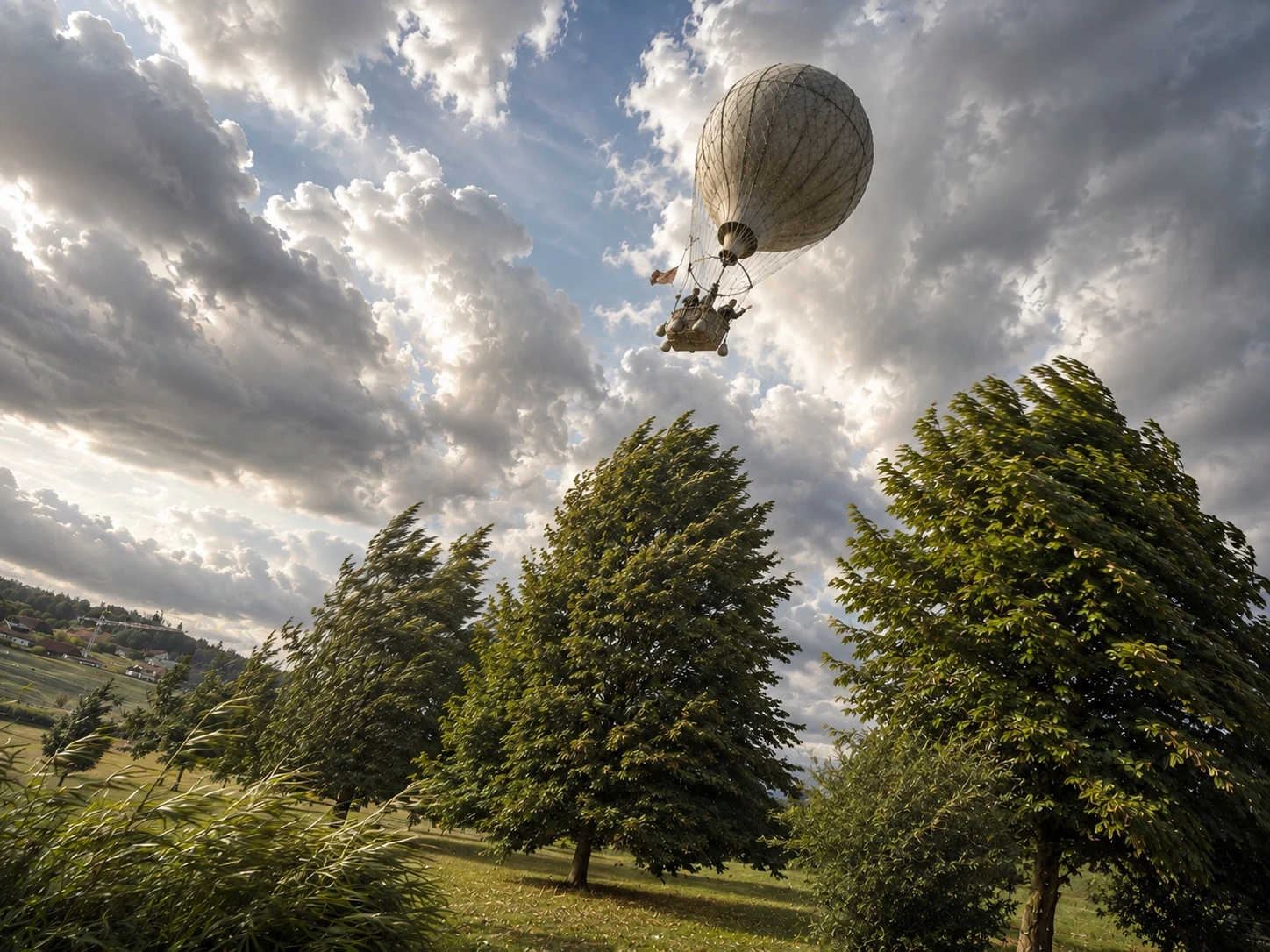 Historisch anmutender Ballon über der Landschaft